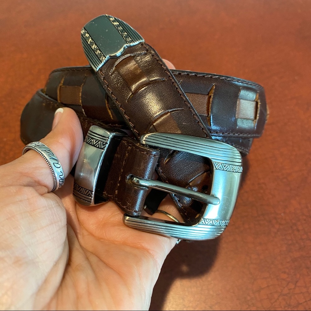Brown Leather Belt Silver Buckle Weaved leather Belt size 36-42
